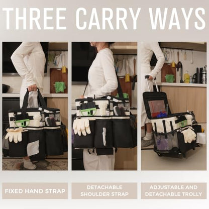 SCAVATA Rolling Cleaning Caddy Bag with Detachable Trolley, Large Cleaning Supplies Organizer with Wheels, Multi-Pocket Cleaning Cart with Adjustable Shoulder Strap for Housekeepers (CreamWhite) - color: CreamWhite