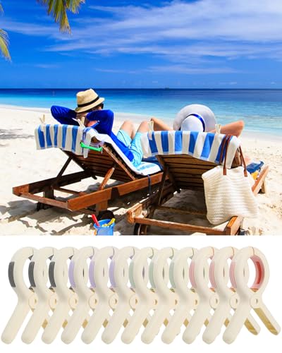 Beach Towel Clips 12-Pack - Heavy Duty Stainless Steel Spring Clamps for Sand, Wind, Pool, Cruise Chairs - Plastic Clips for Towels, Blankets, Fabric - Vacation Essentials 2026