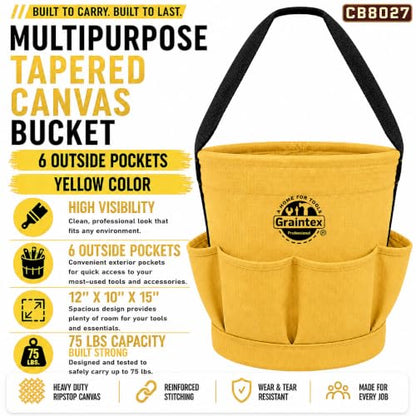 Graintex Tapered Canvas Bucket 12"x10"x15", Utility Tool Bucket 6 Pockets Outside, Reinforced Base & Carry Handle, Ripstop Canvas, Multi-Purpose Bag for Jobsite & Home Use - Yellow - color: Yellow
