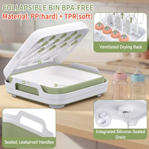 Yecuip Collapsible Baby Bottle Wash Basin w/Drying Rack & Drain Plug, Green - color: Green
