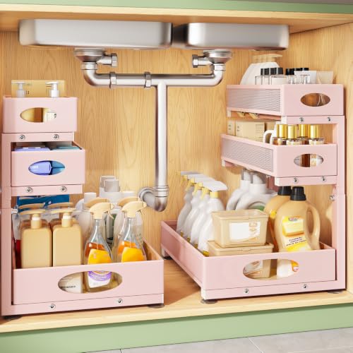 Kitstorack Under Sink Organizer 3-Tier Slide Out Drawer 2-Pack Pink - color: Pink, size: 2-Pack