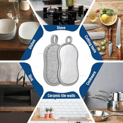 3-in-1 Kitchen Sink Drain Strainer and All-Purpose Scrub Sponges, Sink Stopper Pop-Up Drain Plug with Anti-Clogging Food Catcher Basket, Fits US Standard 3-1/2 Inch Sinks,Sponge Cleaning Dish - color: 2 Grey Strainer+4 Kitchen Sponges