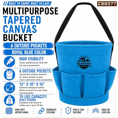 Graintex Tapered Canvas Bucket 12"x10"x15", Utility Tool Bucket 6 Pockets Outside, Reinforced Base & Carry Handle, Ripstop Canvas, Multi-Purpose Bag for Jobsite & Home Use - Royal Blue - color: Royal Blue
