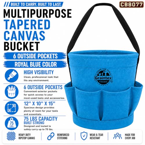 Graintex Tapered Canvas Bucket 12"x10"x15", Utility Tool Bucket 6 Pockets Outside, Reinforced Base & Carry Handle, Ripstop Canvas, Multi-Purpose Bag for Jobsite & Home Use - Royal Blue - color: Royal Blue