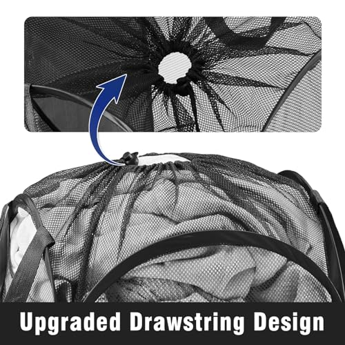 TECHMILLY Collapsible Mesh Pop Up Laundry Hamper with Sturdy Handles and Side Pocket - Portable Foldable Clothes Baskets for Dorm, Bathroom & Travel Storage (with Drawstring, Black) - color: Black (Drawstring), size: 1 Pack