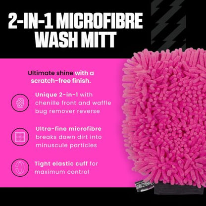 Muc-Off 2-in-1 Microfiber Wash Mitt - Chenille Cleaning Glove for Cars and Bikes - Waffle Sponge Design Removes Bugs and Tar