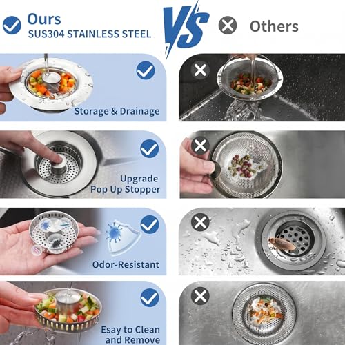 3-in-1 Kitchen Sink Drain Strainer and All-Purpose Scrub Sponges, Sink Stopper Pop-Up Drain Plug with Anti-Clogging Food Catcher Basket, Fits US Standard 3-1/2 Inch Sinks,Sponge Cleaning Dish - color: 2 Grey Strainer+4 Kitchen Sponges