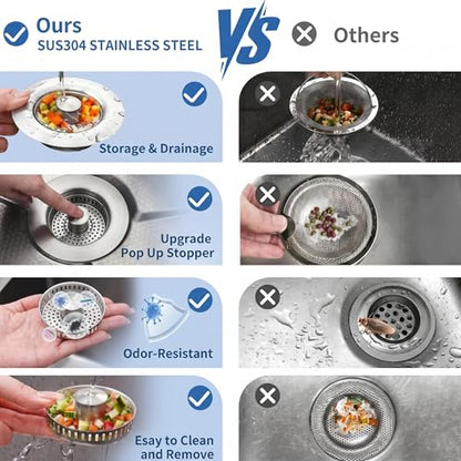 3-in-1 Kitchen Sink Drain Strainer and All-Purpose Scrub Sponges, Sink Stopper Pop-Up Drain Plug with Anti-Clogging Food Catcher Basket, Fits US Standard 3-1/2 Inch Sinks,Sponge Cleaning Dish - color: 2 Grey Strainer+4 Kitchen Sponges