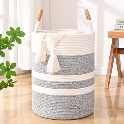 Large Laundry Basket, Laundry Hamper with Leather Handles, 60L Woven Dirty Clothes Hamper, Rope Hampers for Bedroom, Barthroom, Grey - color: Grey & White, size: 60L