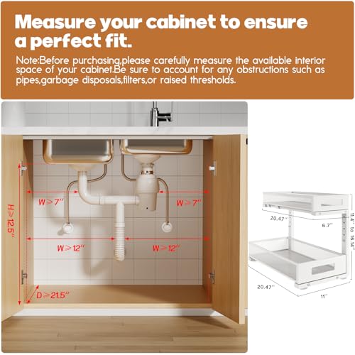 2 Pack 20.47IN Depth Under Sink Storage Organizer, Large 2-Tier Elegant Mesh Pull Out Shelf for Kitchen and Bathroom Cabinet Organization, L-Shaped and Adjustable Height Design-White - color: White, size: 2 Pack-20.47"Dx11.4"-16.14"H