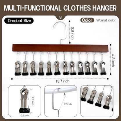 2 Pack Wooden Pants Hangers with 12 Clips, Space Saving Hanging Closet Organizer, Multi-Purpose Hanger for Leggings, Socks, Underwear, Bras, Towels, Closet Storage Solution (Retro) - color: Retro