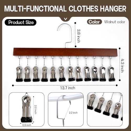 2 Pack Wooden Pants Hangers with 12 Clips, Space Saving Hanging Closet Organizer, Multi-Purpose Hanger for Leggings, Socks, Underwear, Bras, Towels, Closet Storage Solution (Retro) - color: Retro