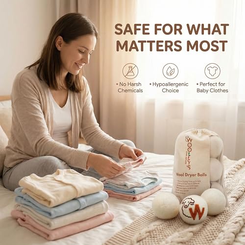 Woolly's Wool Dryer Balls – 100% Pure New Zealand Wool, Reusable Natural Fabric Softener, Reduces Drying Time & Clothes Wrinkles, Chemical-Free Dryer Balls (Pack of 6)