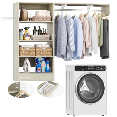 60" Wall Mounted Laundry Room Organization with Pull-out Towel Rack, 5FT Over Washer and Dryer Shelves With Hanging Rod and Storage Shelf, Wood Laundry Room Organization and Storage, White oak - color: White Oak
