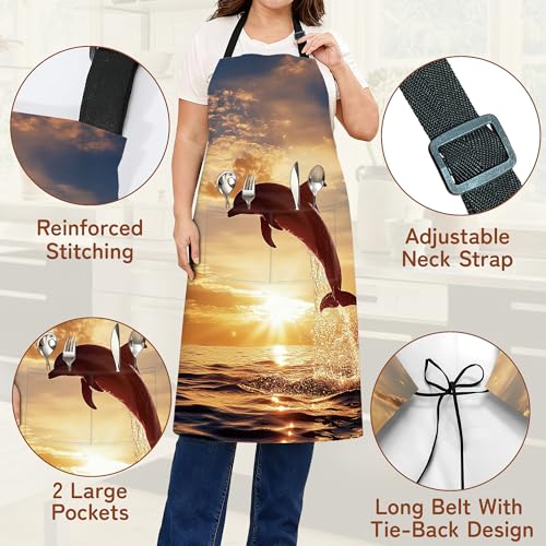 Cooking Aprons for Men and Women,Adjustable Bib Chef Apron with 2 Pockets, Soft and Durability Kitchen Apron - color: Dolphins Sunset