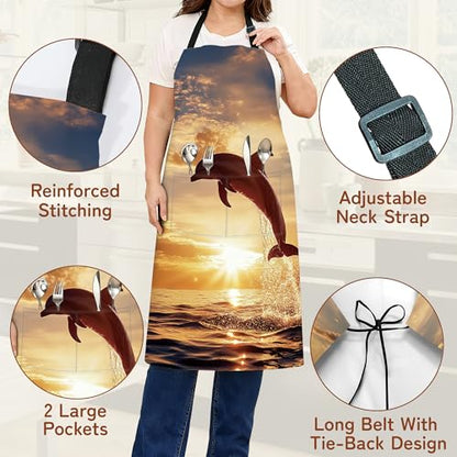 Cooking Aprons for Men and Women,Adjustable Bib Chef Apron with 2 Pockets, Soft and Durability Kitchen Apron - color: Dolphins Sunset