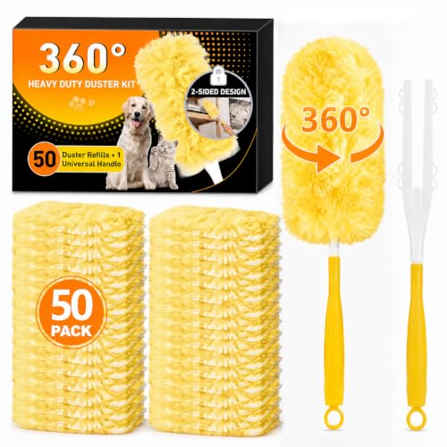 Duster Refills for Swiffer Duster, 50 Count Heavy Duty 2 Side 360° Dusters Refill Kit with 1 Handle, 4X Microfibers, Disposable Multi-Surface Duster for Cleaning Furniture Blinds Ceiling Fan - color: 50 Refills & 1 Short Handle