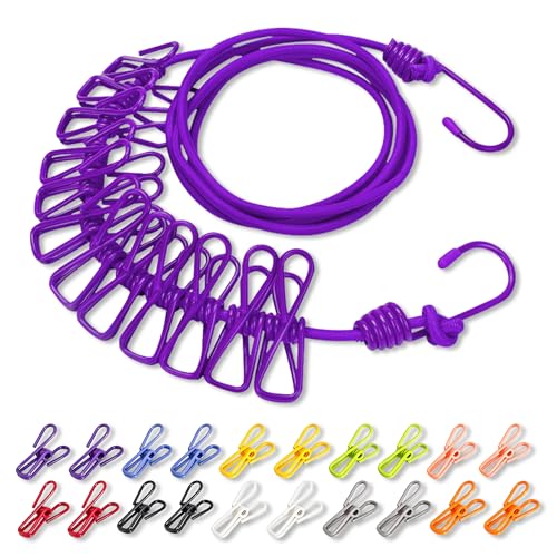 Portable Adjustable Clothesline with Built‑in 12 Solid‑Color Clothespins & 20 Separate Colorful Clips, Laundry Line for Indoor Outdoor Travel Camping Hotel Use (Purple) - color: Purple & 20 Colorful Clips (Non‑windproof)