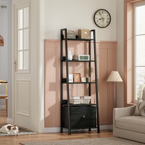 Furologee Ladder Shelf, 5 Tier Bookshelf with Fabric Drawer, Black Oak - color: Black Oak, size: 5-Tier, 15" W