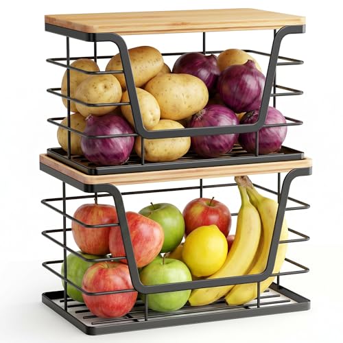 ALOCEO 2 Pack Stackable Wire Storage Basket with Bamboo Lid, Stainless Steel Extra Large Trash Bag Dispenser Roll Holder for Kitchen Sink, Kitchen Storage Bins for Potato and Onion, Black - color: 2-Pack - XL&L Black