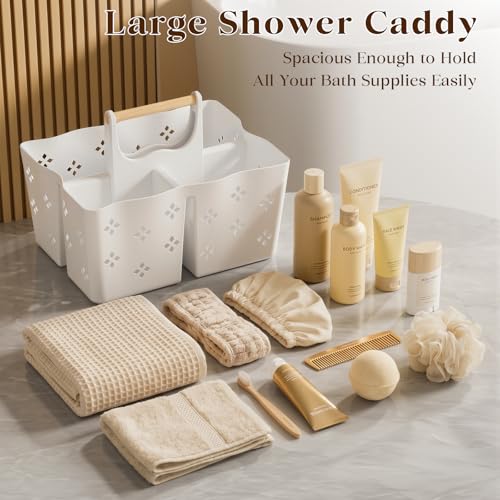 GVY Plastic Shower Caddy Portable, Large Capacity Shower Basket with Handle, Divided Bathroom Toiletry Organizer, Quick-Drain Shower Caddy for College Dorm Beach Kitchen Essentials, White. - color: White