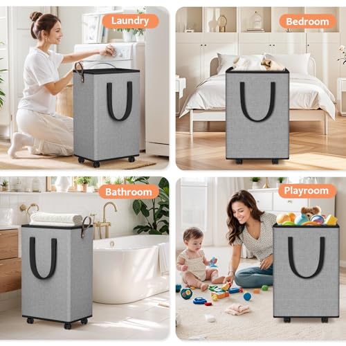 SpaceTrove Rolling Laundry Basket with Wheels, Laundry Hamper, 80L, Grey - color: Grey, size: 80L