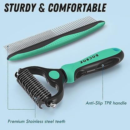 Docrok Pet Grooming Brush and Metal Comb Combo for Dogs & Cats, Green - color: Green