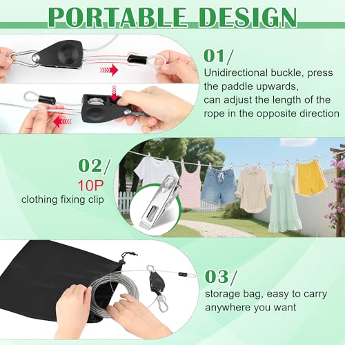 Windspeed Retractable Clothesline Outdoor Heavy Duty Travel Clothesline Retractable Clothes Line for Outside Travel Camping Cloth Line, Galvanized Steel Material, and 10 Clips, Storage Bag - size: 25Ft