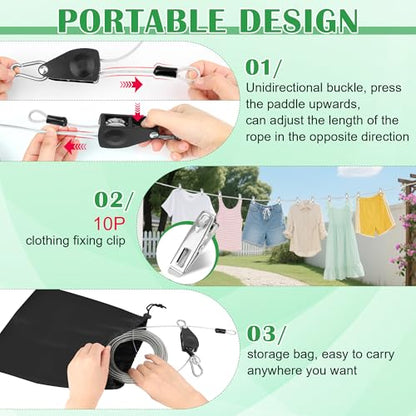 Windspeed Retractable Clothesline Outdoor Heavy Duty Travel Clothesline Retractable Clothes Line for Outside Travel Camping Cloth Line, Galvanized Steel Material, and 10 Clips, Storage Bag - size: 25Ft