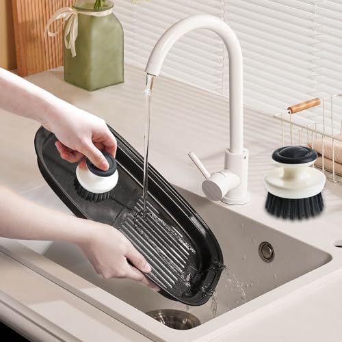 Dish Scrub Brush,Ergonomic Grip Palm Brush,Kitchen Scrub Brushes for Cleaning, Dish Scrubber with Stiff Bristles for Sink, Pots, Pans (Grey+Black) - color: Grey+black