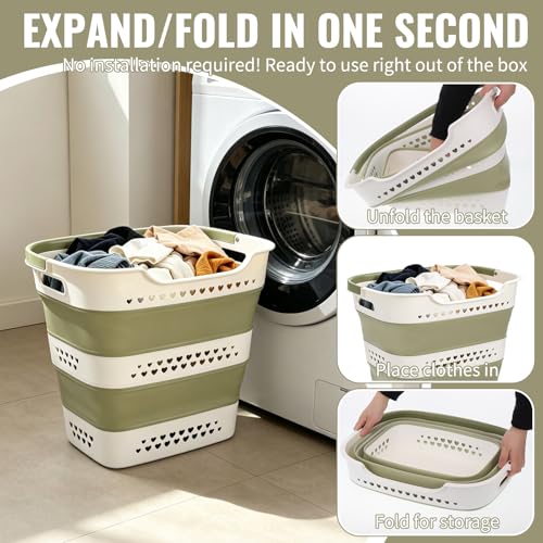 2 Pcs Collapsible Laundry Baskets for Clothes, 43L Plastic Laundry Hamper for Dorm Bedroom, Space Saving Pop-Up Laundry Hamper Container, Durable Foldable Laundry Basket with Handles (Matcha-Green) - color: Matcha-Green