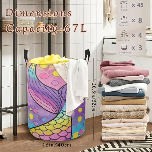 Colorful Cute Mermaid Laundry Hamper with Handles,Fish Collapsible Waterproof Storage Basket for Dirty Clothes Books Round Organizer Bin for Bathroom Bedroom College Dorms 16" x 20.8" - color: Colorful Cute Mermaid Fish