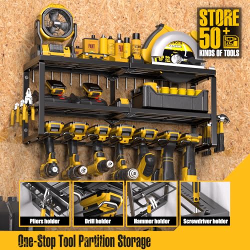 Spampur Power Tool Organizer for Tool Storage, Drill Holder Wall Mount with Screwdriver Organizer, Tool Holder for Garage Wall Organization, Heavy Duty Metal Tool Shelf with Battery Holder - size: 3 shelves 7 slots