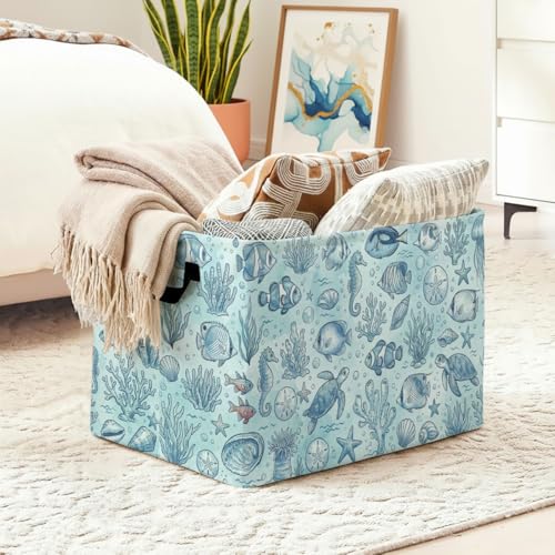 Marine Life Laundry Hamper, 56L Large Foldable Laundry Basket with Handles, for Family Clothes, Toy Storage Bin, Blankets,Decorative Organizer for Shelves & Closet Home Decor Bedroom & Nursery - color: Marine Life