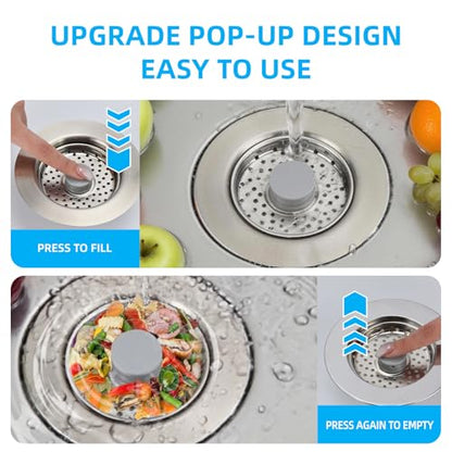 Sink Drain Strainer - Kitchen Sink Stopper, 3 In 1 Kitchen Sink Drain Strainer with Anti-Clogging Basket, Fit US Standard 3-1/2'' Sink Hole - color: Sliver