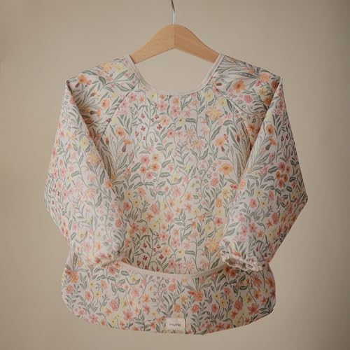 mushie Long Sleeve Baby Bib | Water Resistant Adjustable Fit - color: Pastel Blooms