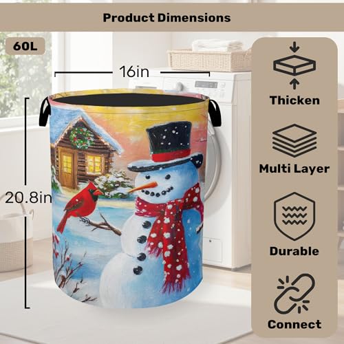 Snowman Cardinal Large Clothes Hamper Bag - Laundry Basket with Handles, Space Saving Foldable Design for Nursery - color: Snowman Cardinal