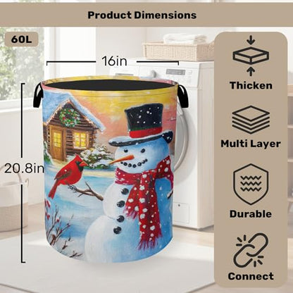 Snowman Cardinal Large Clothes Hamper Bag - Laundry Basket with Handles, Space Saving Foldable Design for Nursery - color: Snowman Cardinal
