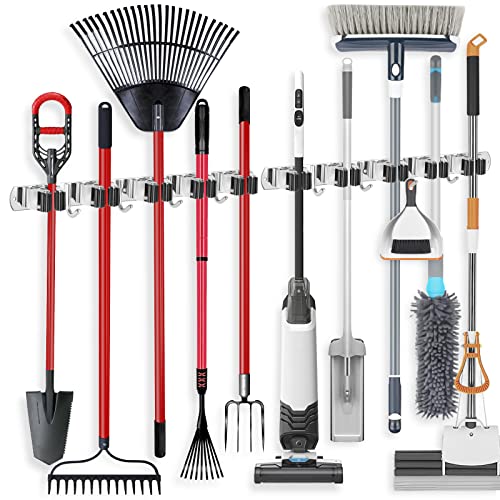 IMILLET 2 Pack Broom Holder Wall Mount Stainless Steel Mop Organizer - color: Stainless Steel - 5 Racks with 4 Hooks, size: 2 Pack