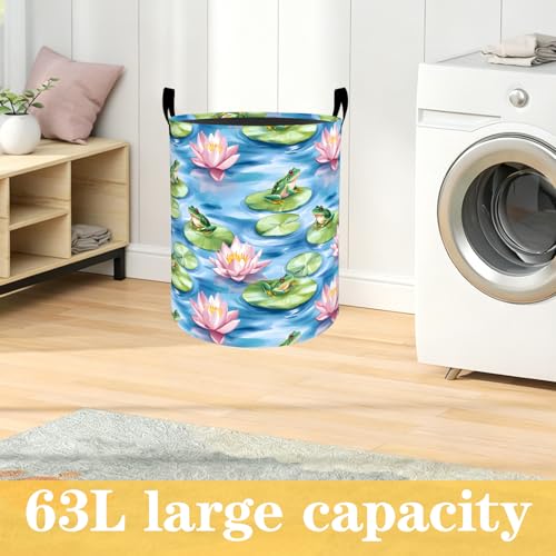 Frog Lotus Laundry Basket with Handles, Watercolor Pond Flowers Foldable Clothes Hamper, Fresh Waterproof Oxford Cloth Storage Bin Gifts Decor for Bedroom Bathroom Closet, 19.7"X15.7" - color: Frog