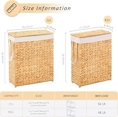 Slim Laundry Hamper with Lid, Handwoven Natural Water Hyacinth Basket - color: Natural, size: 75L