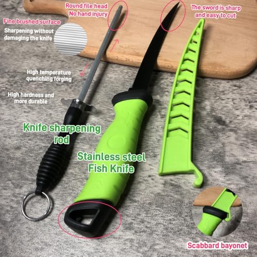 Fishing Knife Set, Fish Cleaning Kit, Filet Knife for Fish, Fish Scale Cleaning Brush, Multi-Functional Scissors, Gloves, Fishbone Tweezers, Storage Bag,Fishing Accessories,Fishing Tool Kit - size: 7PCS-Green