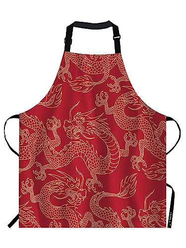 EKOBLA Dragon Aprons Chinese Traditional Culture Tattoo Power Symbol Flying Mascot Animal Waterproof Resistant Chef Cooking Kitchen BBQ Adjustable Aprons for Women Men 27x31 Inch - color: Multi-a100