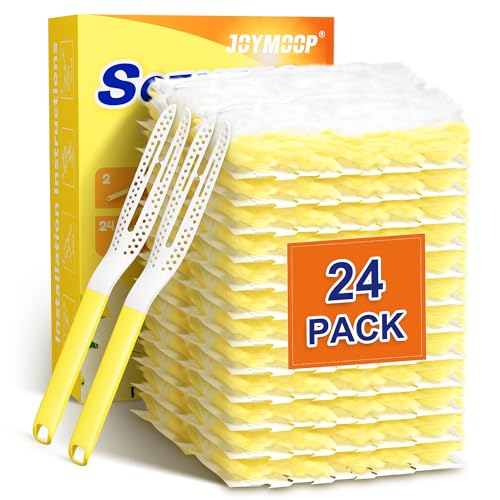 JOYMOOP Disposable Electrostatic Duster for Cleaning, with 2 Handles & 24 Ct Yellow Heavy Duty Refills for Swiffer Feather Duster, Household Cleaning Tool for Electronics, Dusting Furniture, Blinds - color: Yellow Handle With Yellow Refills
