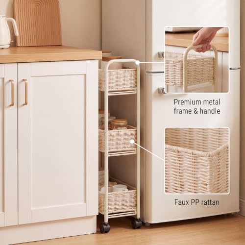 FOCHIER F Utility Slim Storage Cart,3-Tier Rolling Kitchen Office Laundry Room Cart with Wheels,Mobile Shelving Unit Organizer for Living Room,Bathroom, Baby Diaper,Art,Dining Room Narrow Places - color: White Wash