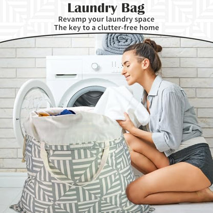 Canvas Laundry Bag with Handles & Drawstring, XL 33"Wx 35"H, Geometry Gray - color: Geometry Light Gray,1pc XL, size: XL 33"W x 35"H┃1 Pack