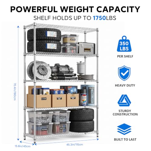 IZEUK 5-Tier Garage Shelving Unit, Heavy Duty Metal Wire Shelving - color: Chrome, size: 5 Tier, 15.7" D*45.3" W*70.4" H