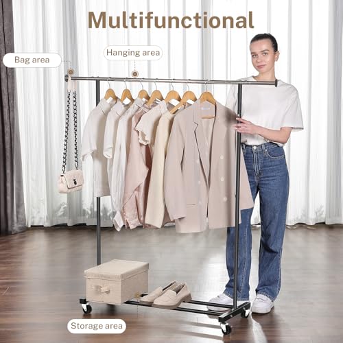 VICERII Clothes Rack, 130LB Capacity Heavy Duty Clothing Rack with Wheels and Bottom Shelf, 52.17 Inch Rolling Racks for Hanging Clothes, Coats, Shirts, Sweaters, Skirts, Dress, Black - color: Matte Black, size: Single