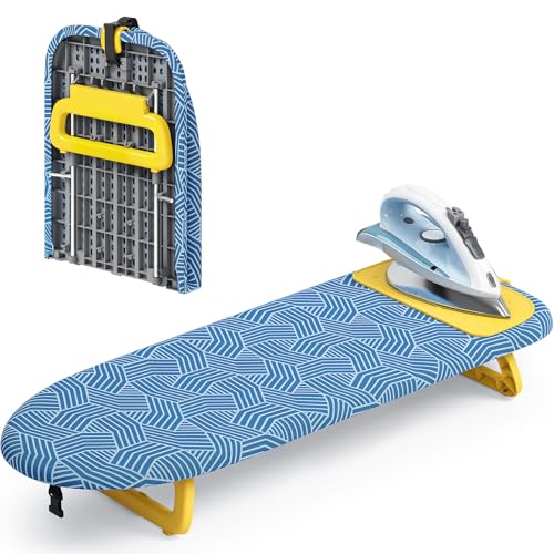 KINGBOARD Small Ironing Board with Iron Mat, Compact Tabletop Iron Board - color: Blue & Yellow