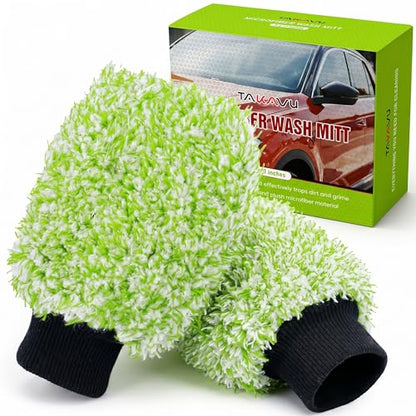 TAKAVU Car Wash Mitt, 2 Pack Microfiber, Scratch-Free (Green & White) - color: Green